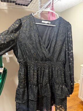 Altar'd State Black Lace Mini Dress with Gold Metallic Accents